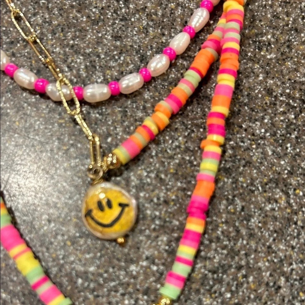Colorful Beaded Necklace with Smiley Charm